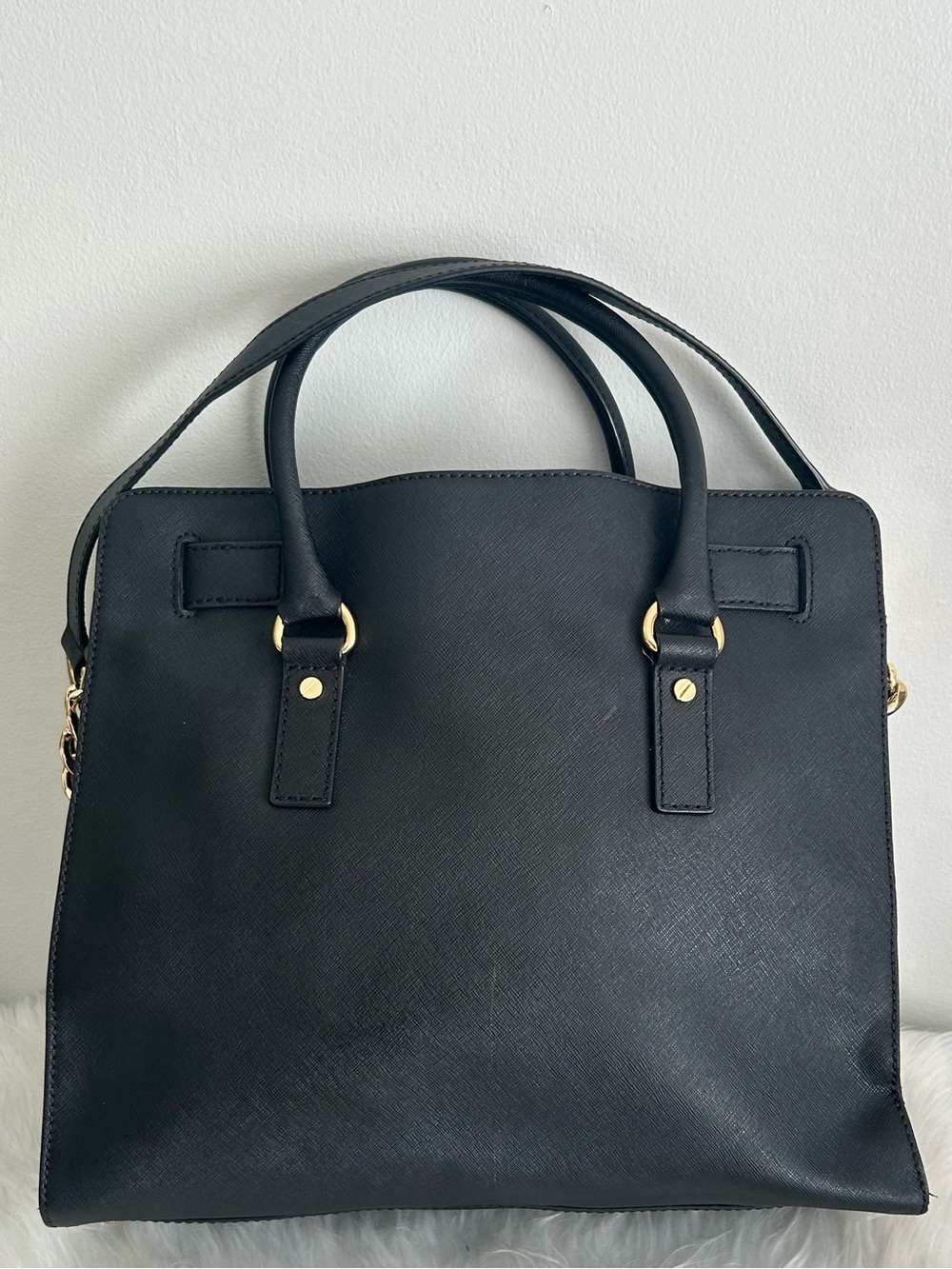 Michael Kors Hamilton Black Saffiano Leather Satchel Tote Lock Key crossbody - Picture 6 of 12
